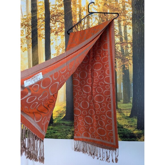PASHMINA Scarf Shawl Wrap 100% Pashmina Orange/Brown w/ Fringe 66" X 28" - Picture 3 of 6